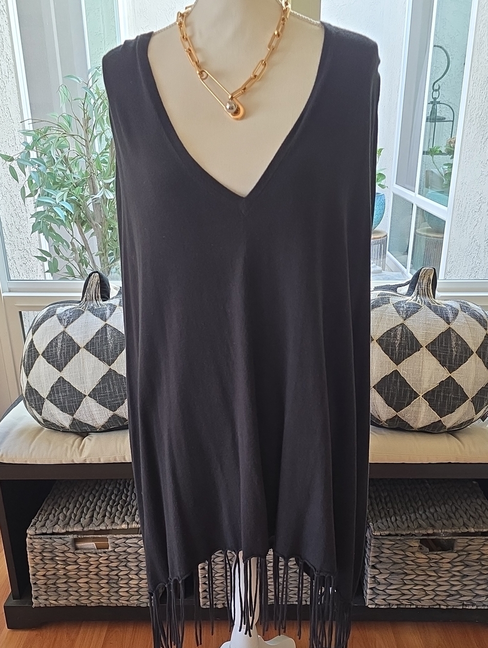 Michael Kors Black V-Neck Sleeveless Fringe Tunic